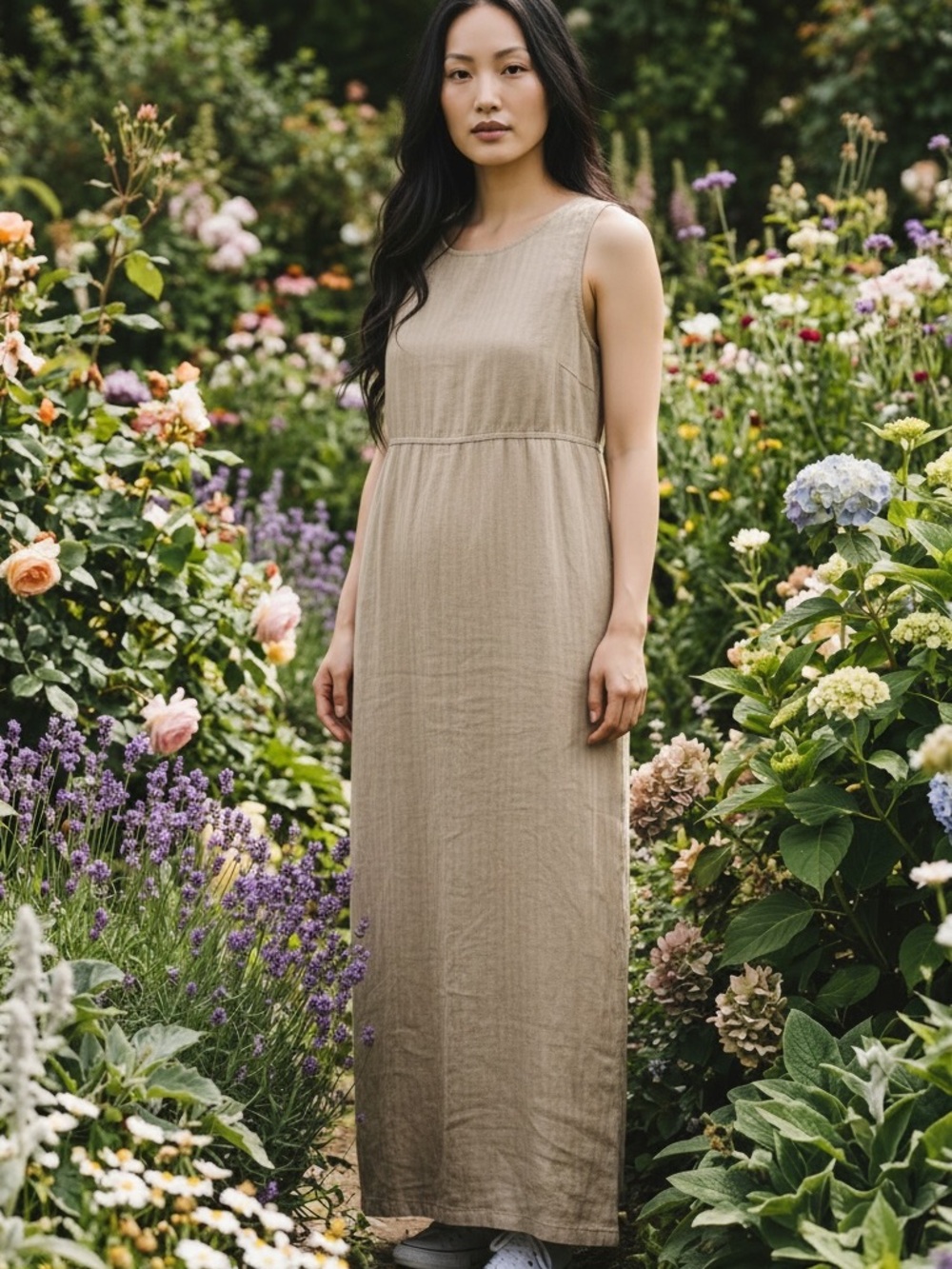 Boho Embroidered Linen Maxi Dress Sleeveless‎ Empire Waist Natural Tan 6